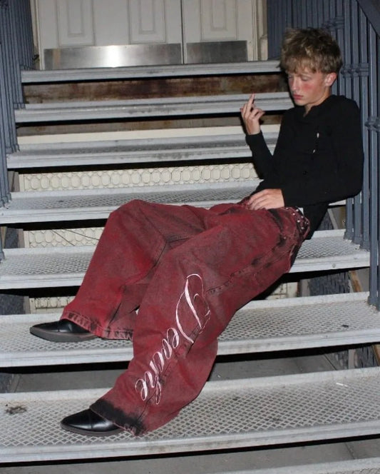 Loose red wine vintage gradient baggy jeans. - GoSobiShop Boutique