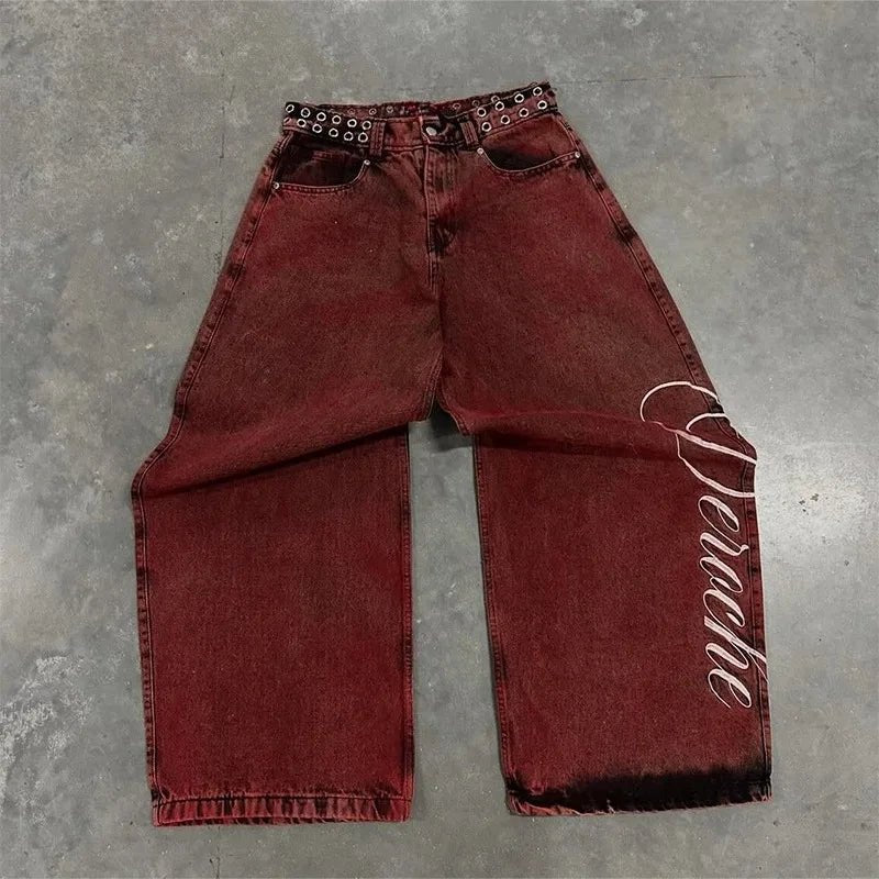 Loose red wine vintage gradient baggy jeans. - GoSobiShop Boutique