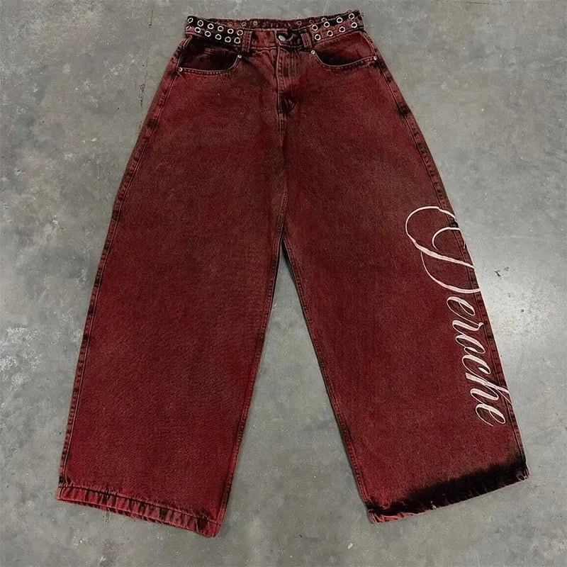 Loose red wine vintage gradient baggy jeans. - GoSobiShop Boutique