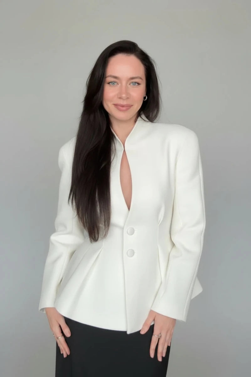 Lucia Striped Peplum Blazer with a button closure. - GoSobiShop Boutique