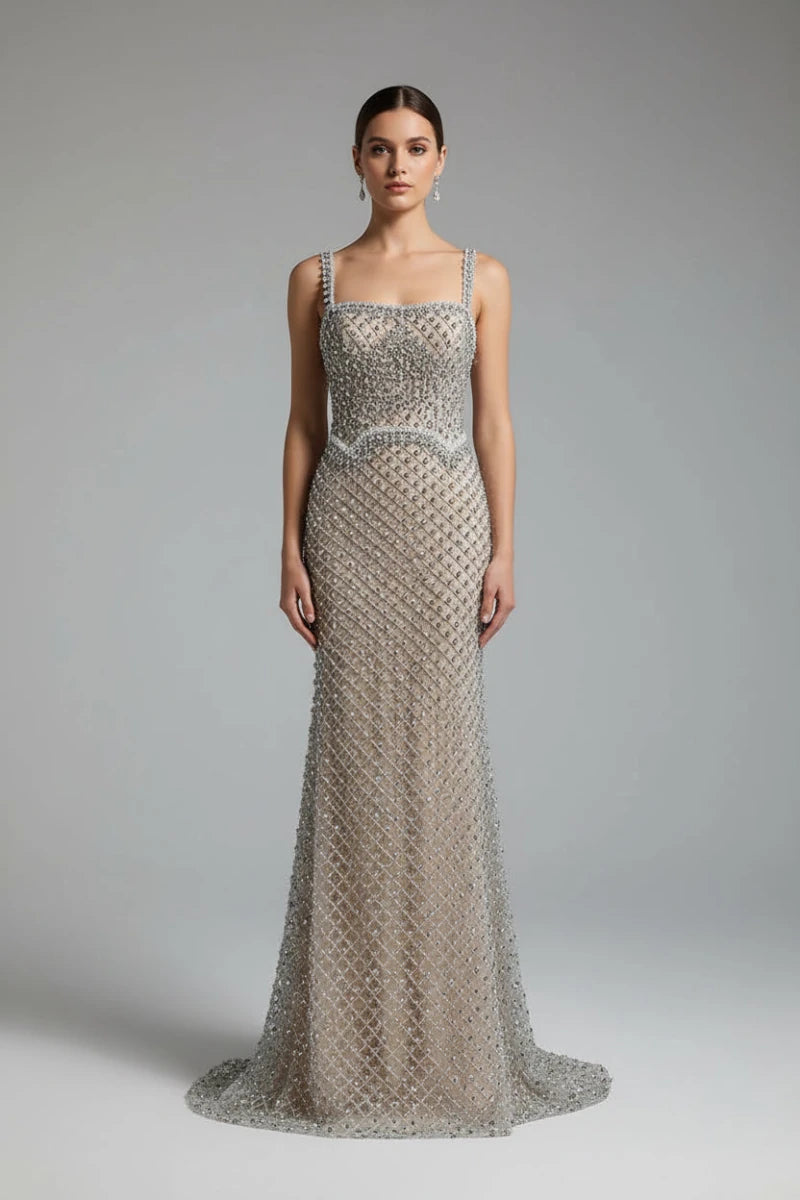 Lux silver beaded mermaid evening dress. - GoSobiShop Boutique