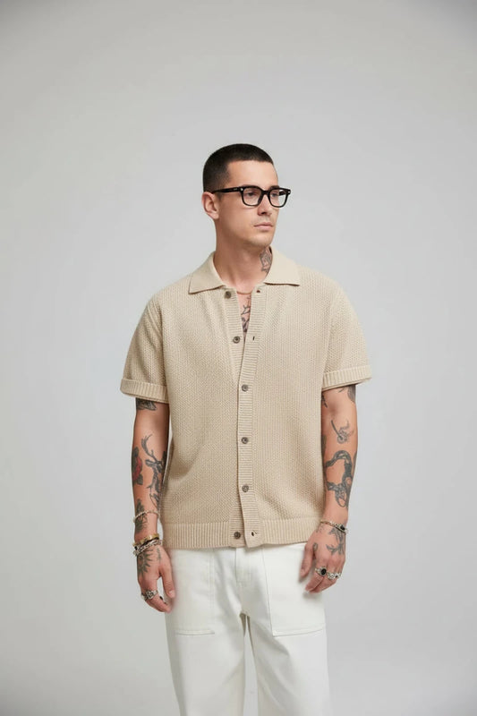 Men’s Crochet Short Sleeve Polo Shirt – Breathable Knit Button-Up - GoSobiShop Boutique