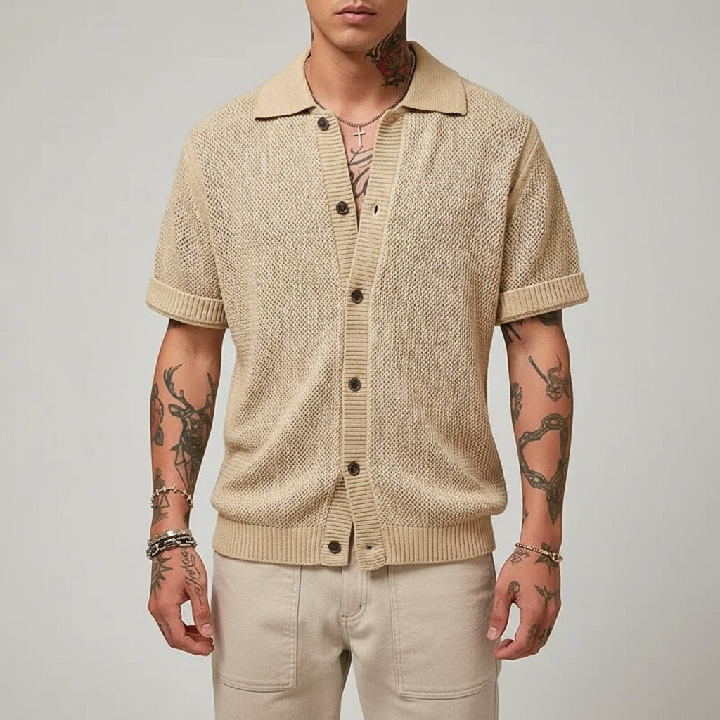 Men’s Crochet Short Sleeve Polo Shirt – Breathable Knit Button-Up - GoSobiShop Boutique