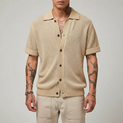 Men’s Crochet Short Sleeve Polo Shirt – Breathable Knit Button-Up - GoSobiShop Boutique
