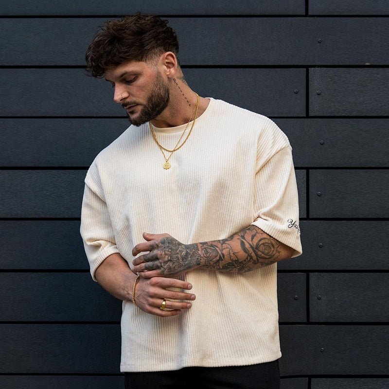 Men's Ribbed corduroy T Shirt Loose Short Sleeve Tees - GoSobiShop Boutique