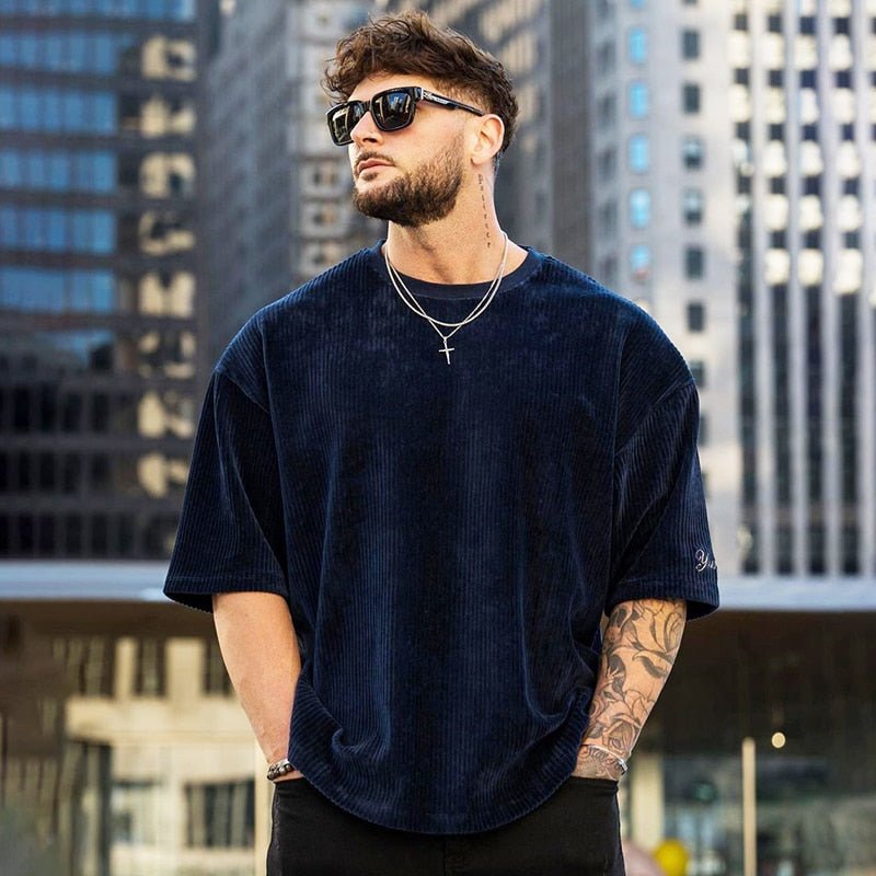 Men's Ribbed corduroy T Shirt Loose Short Sleeve Tees - GoSobiShop Boutique