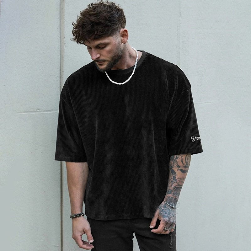 Men's Ribbed corduroy T Shirt Loose Short Sleeve Tees - GoSobiShop Boutique