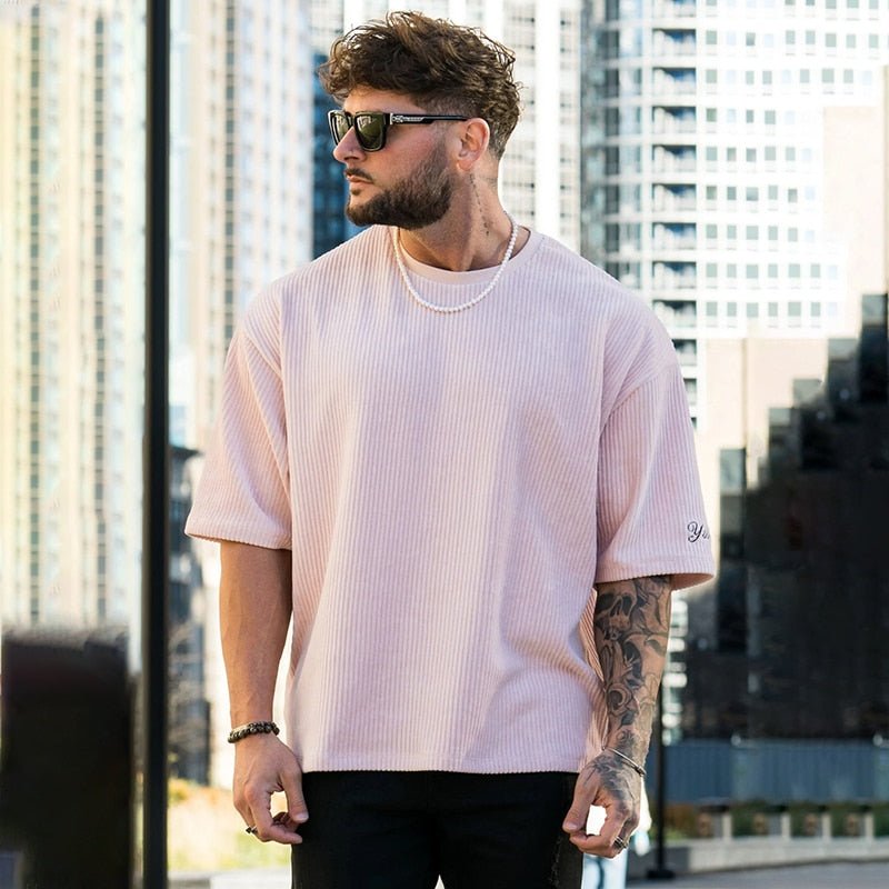 Men's Ribbed corduroy T Shirt Loose Short Sleeve Tees - GoSobiShop Boutique