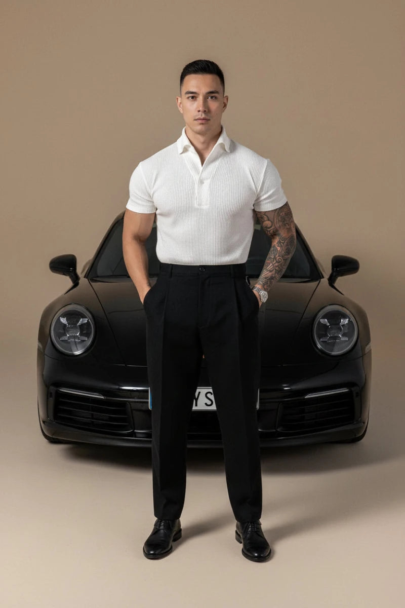 Men's Slim Fit Ribbed Polo Shirt with Spread Collar - GoSobiShop Boutique