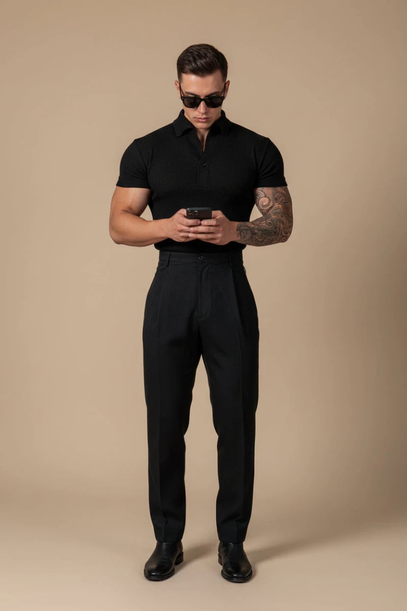 Men's Slim Fit Ribbed Polo Shirt with Spread Collar - GoSobiShop Boutique