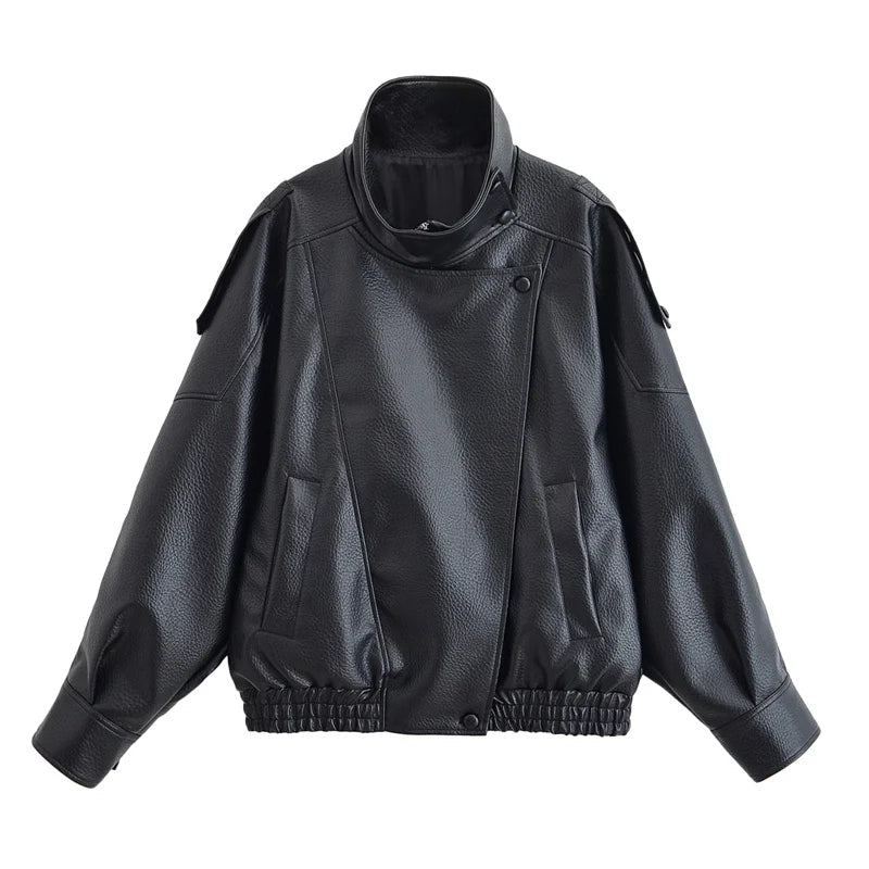 Mock neck faux leather moto jacket. - GoSobiShop Boutique