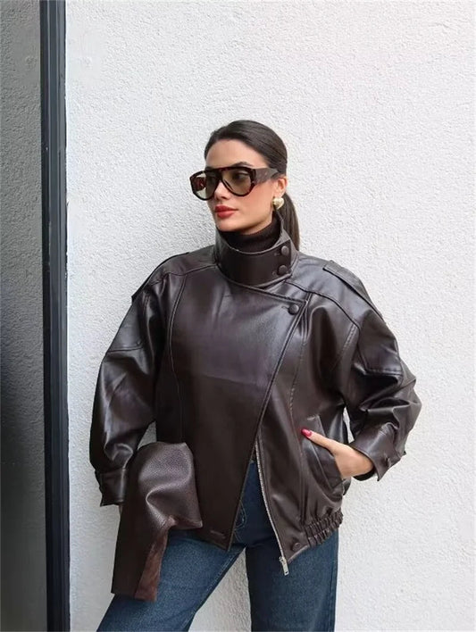 Mock neck faux leather moto jacket. - GoSobiShop Boutique