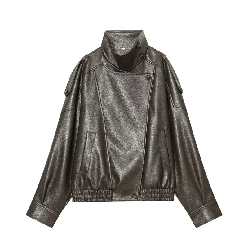 Mock neck faux leather moto jacket. - GoSobiShop Boutique