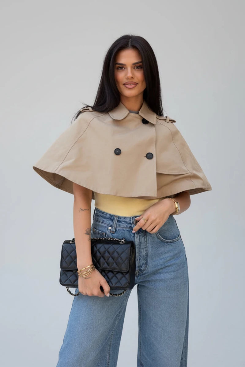 Nicky short cropped beige double-breasted poncho coat. - GoSobiShop Boutique