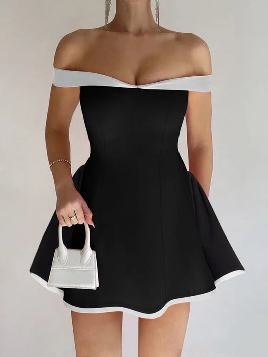 Off shoulder Ela black and white lining mini dress - GoSobiShop Boutique