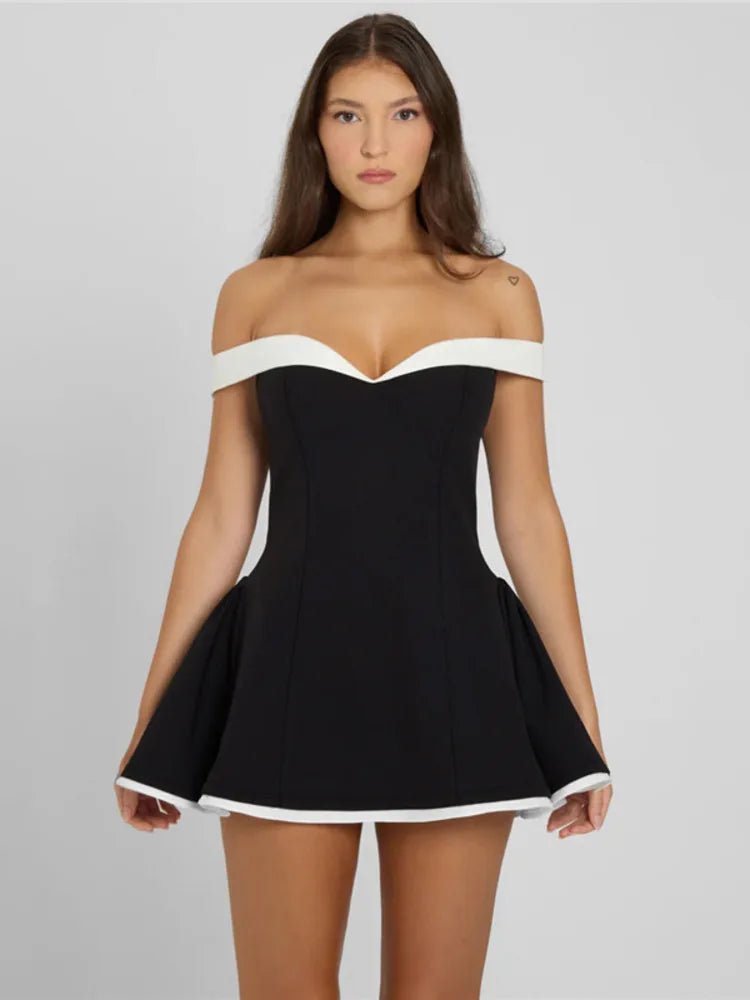 Off shoulder Ela black and white lining mini dress - GoSobiShop Boutique