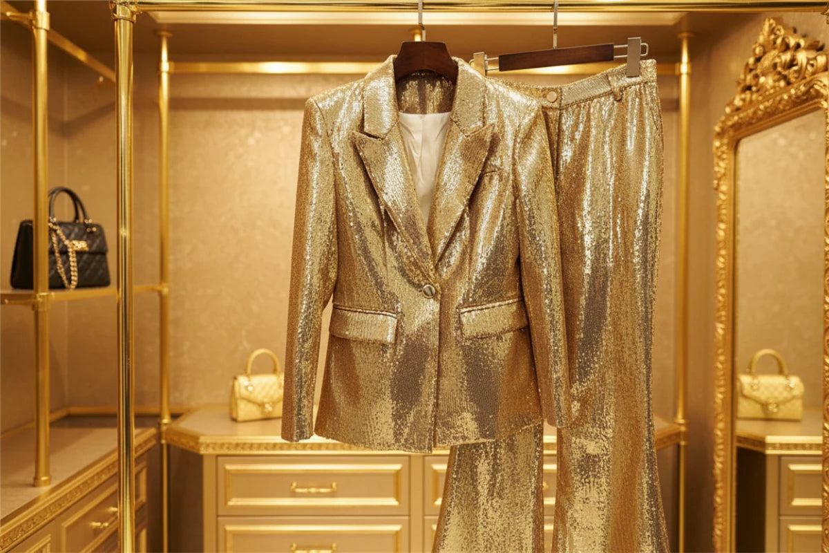OSCAR Fitted sequined blazer in gold and matching trousers set. - GoSobiShop Boutique