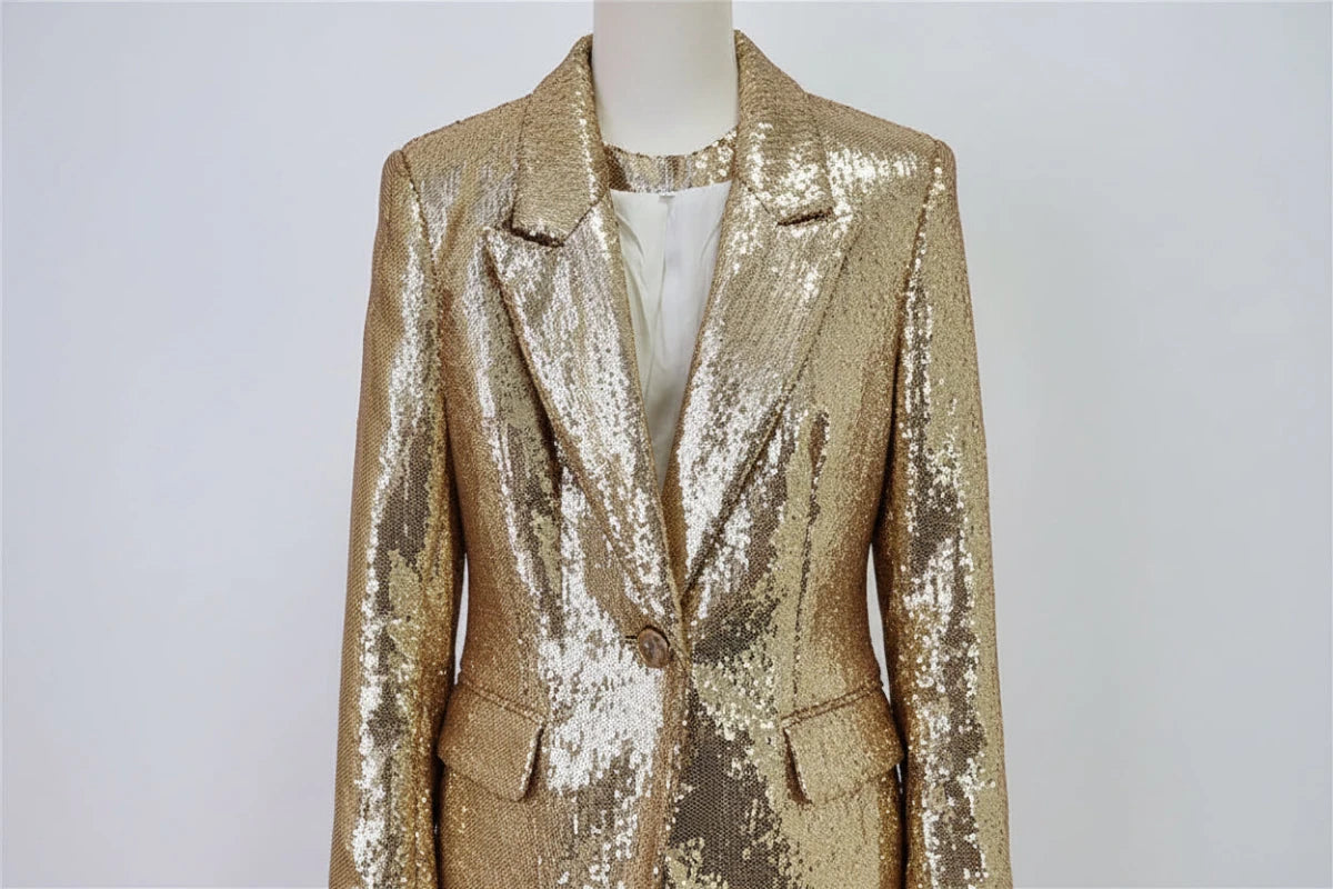 OSCAR Fitted sequined blazer in gold and matching trousers set. - GoSobiShop Boutique