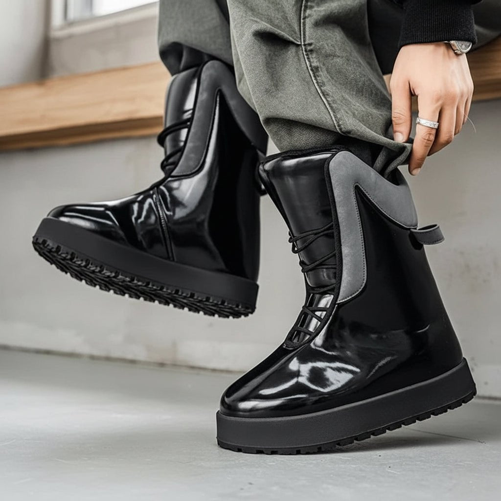 Pathfinder PU leather shiny designer high top warm boots. - GoSobiShop Boutique