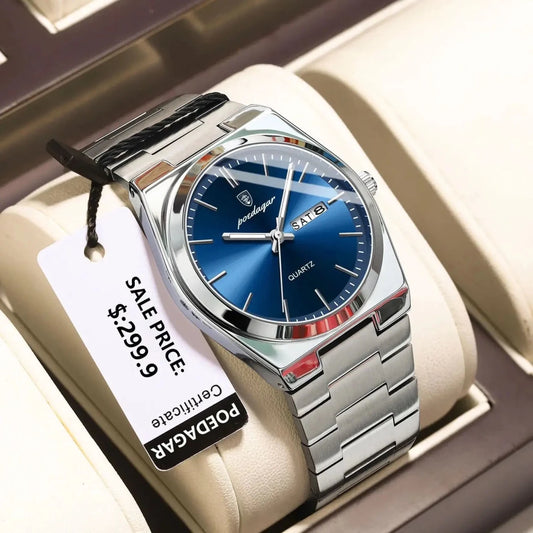 POEDAGAR Watch For men Waterproof Luminous Date Week Stainless Steel Men Watch Casual Quartz +box - GoSobiShop Boutique