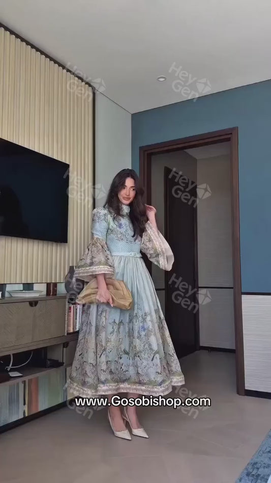 High-Neck Floral Midi Dress – Belted Waist & Bell Sleeve Occasion Dress