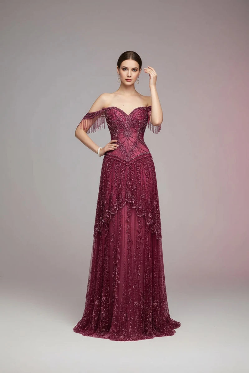 Reema off the shoulder neckline and intricate beaded tassels. - GoSobiShop Boutique