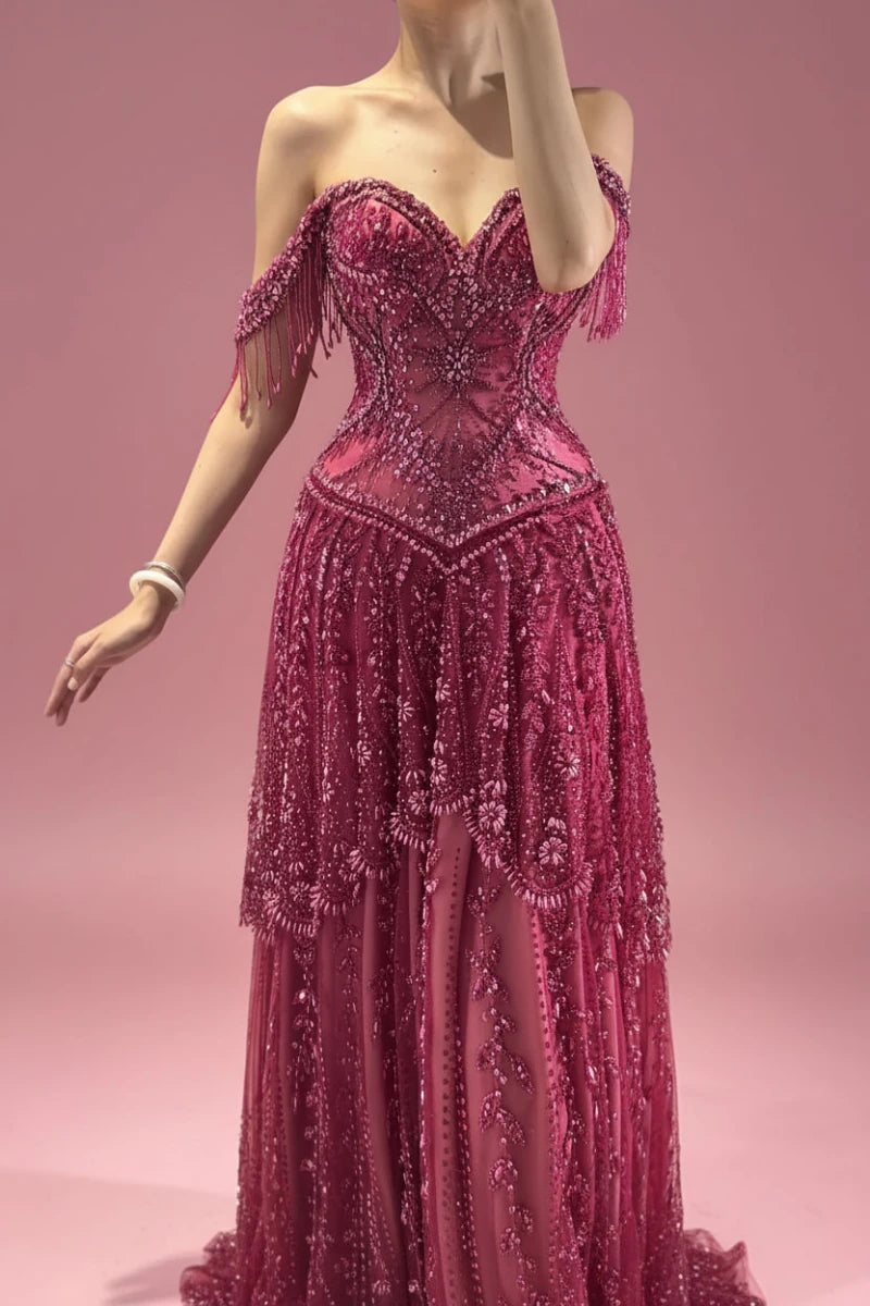 Reema off the shoulder neckline and intricate beaded tassels. - GoSobiShop Boutique