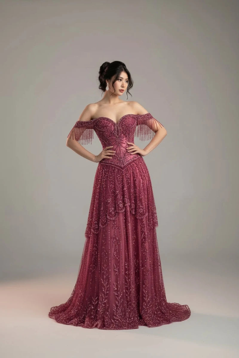 Reema off the shoulder neckline and intricate beaded tassels. - GoSobiShop Boutique