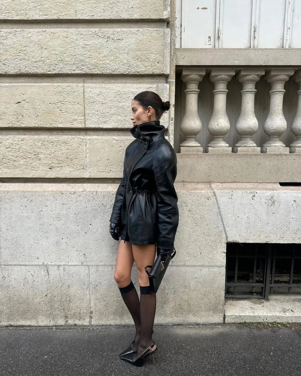 Retro belted short trench faux leather jacket. - GoSobiShop Boutique
