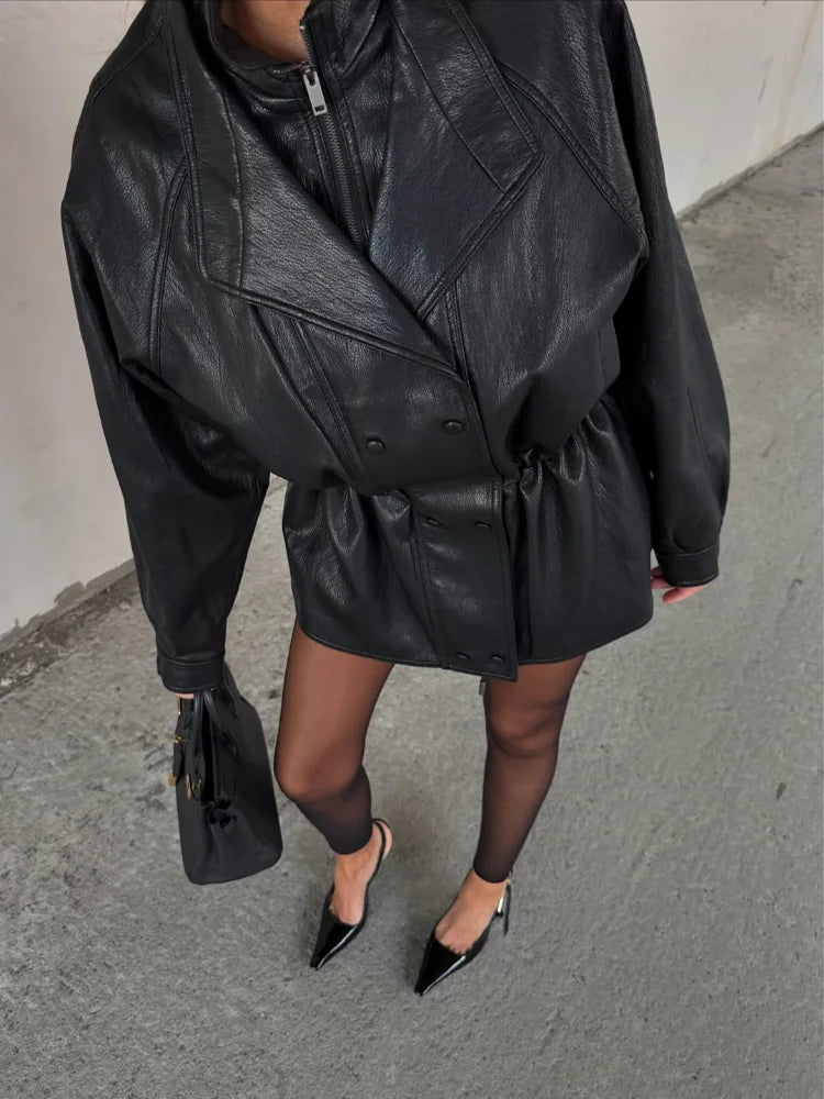Retro belted short trench faux leather jacket. - GoSobiShop Boutique