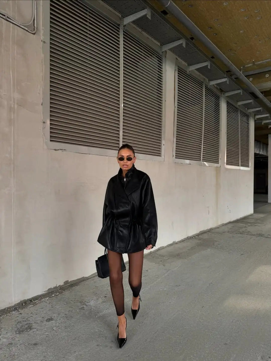 Retro belted short trench faux leather jacket. - GoSobiShop Boutique