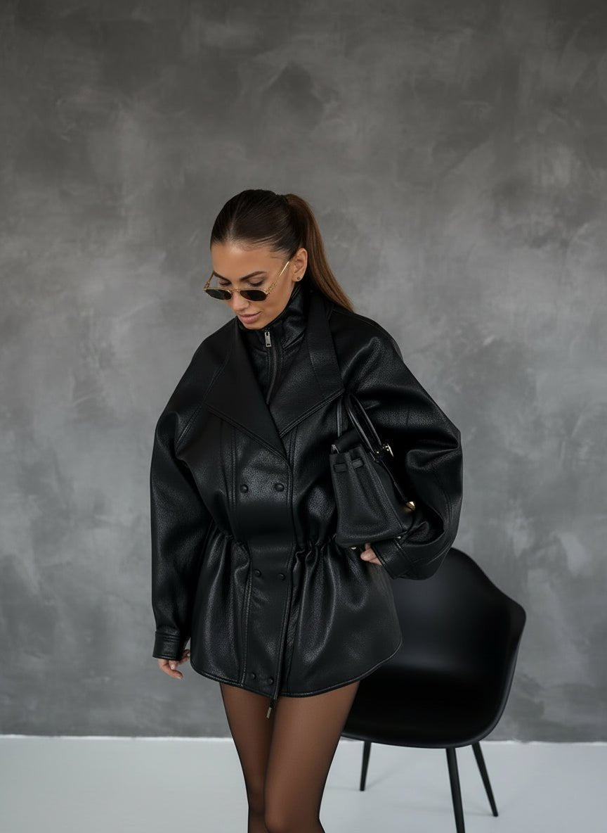 Retro belted short trench faux leather jacket. - GoSobiShop Boutique