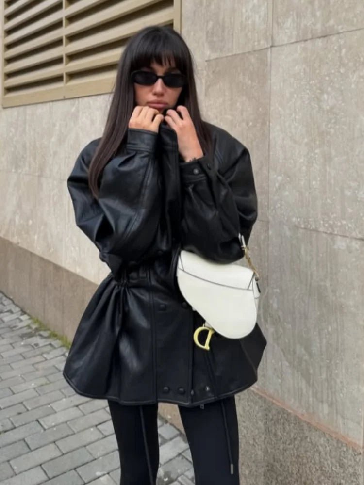 Retro belted short trench faux leather jacket. - GoSobiShop Boutique