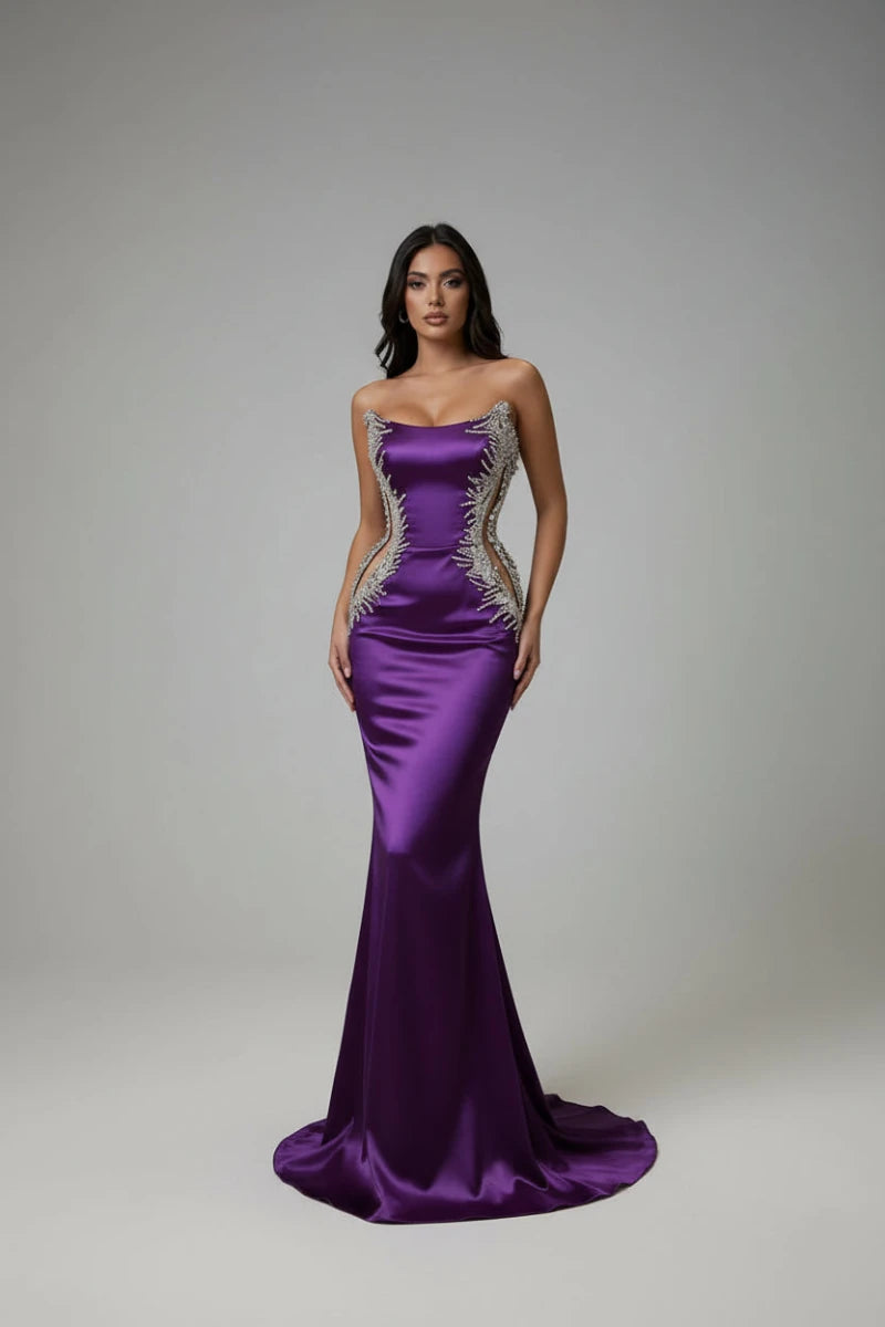 Rhinestone Satin Mermaid Gown - GoSobiShop Boutique