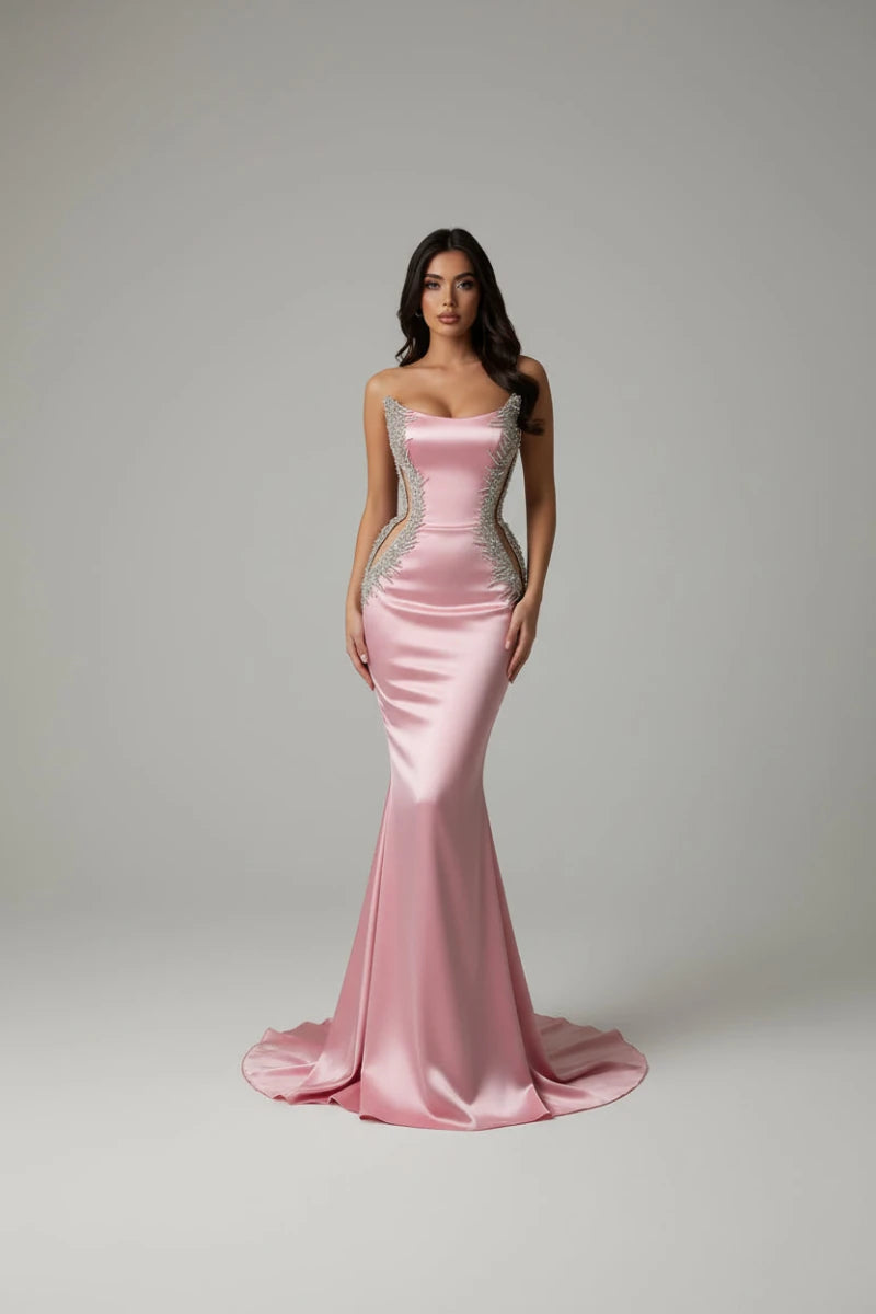 Rhinestone Satin Mermaid Gown - GoSobiShop Boutique