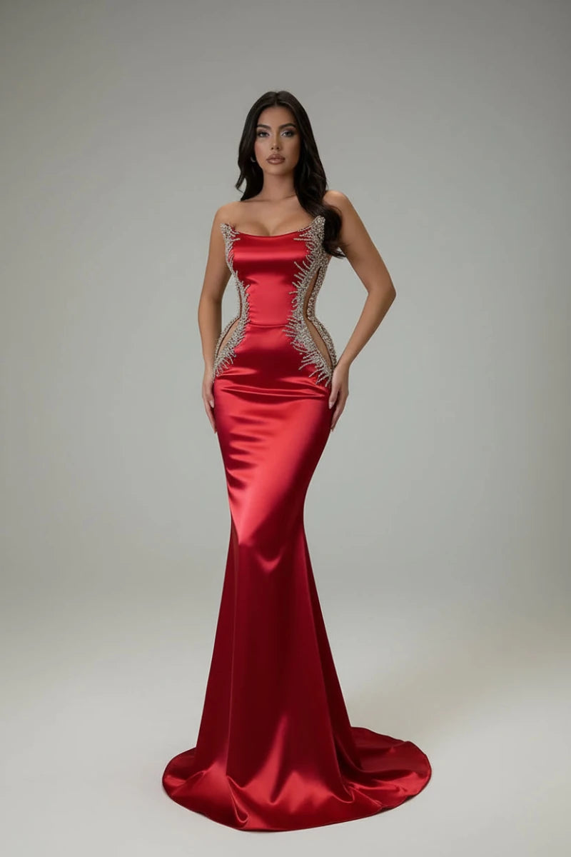Rhinestone Satin Mermaid Gown - GoSobiShop Boutique