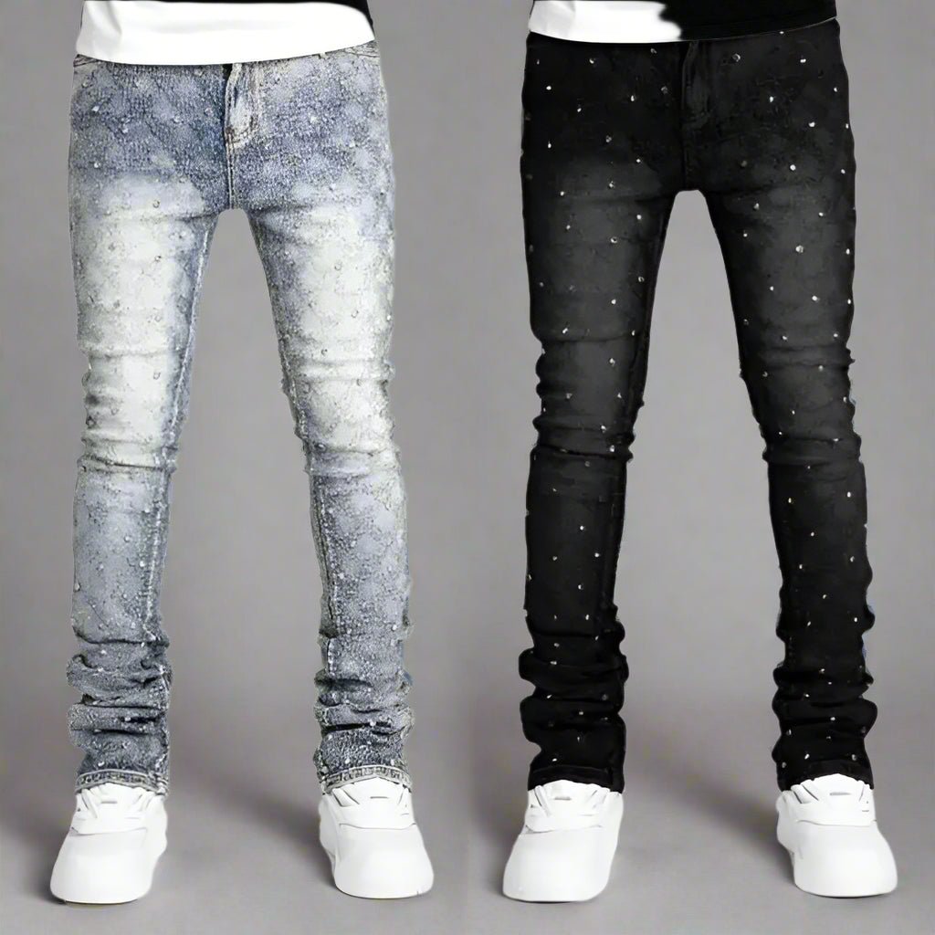 Rhinestones slim fit flared denim jeans street wear - GoSobiShop Boutique
