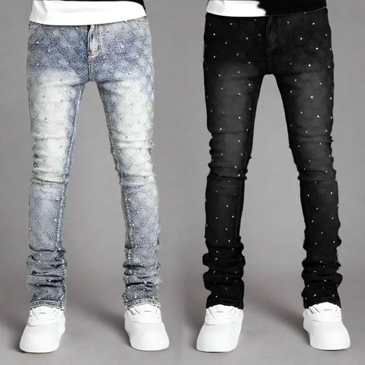 Rhinestones slim fit flared denim jeans street wear - GoSobiShop Boutique
