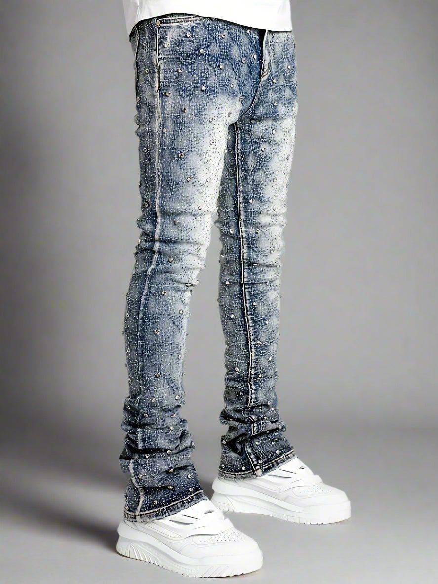 Rhinestones slim fit flared denim jeans street wear - GoSobiShop Boutique