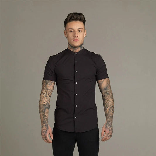 Round stand collar slim fit muscles buttons shirt - GoSobiShop Boutique