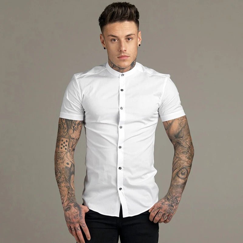 Round stand collar slim fit muscles buttons shirt - GoSobiShop Boutique
