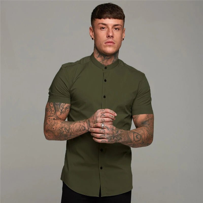 Round stand collar slim fit muscles buttons shirt - GoSobiShop Boutique