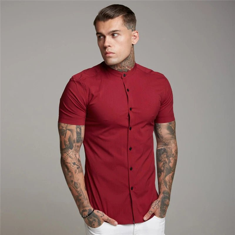 Round stand collar slim fit muscles buttons shirt - GoSobiShop Boutique