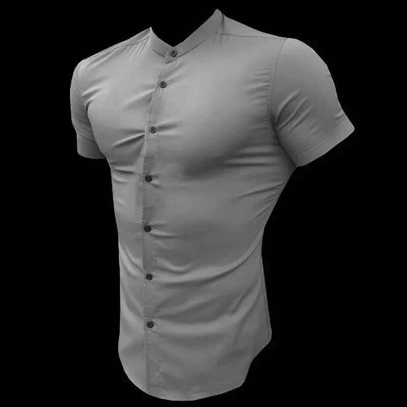 Round stand collar slim fit muscles buttons shirt - GoSobiShop Boutique