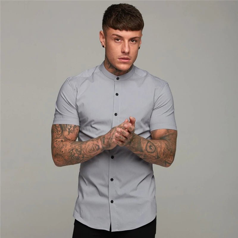 Round stand collar slim fit muscles buttons shirt - GoSobiShop Boutique
