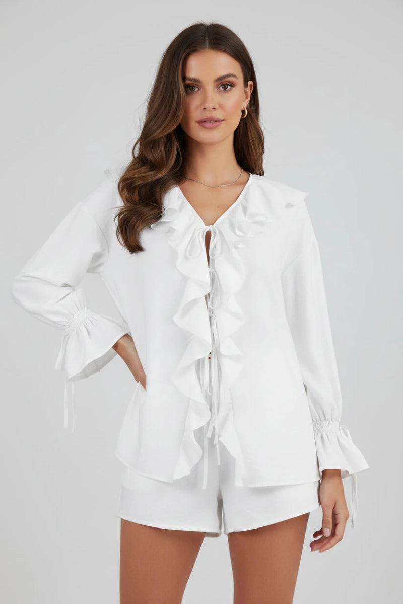 Ruffle Breeze V-Neck 2-Piece Short Set - GoSobiShop Boutique