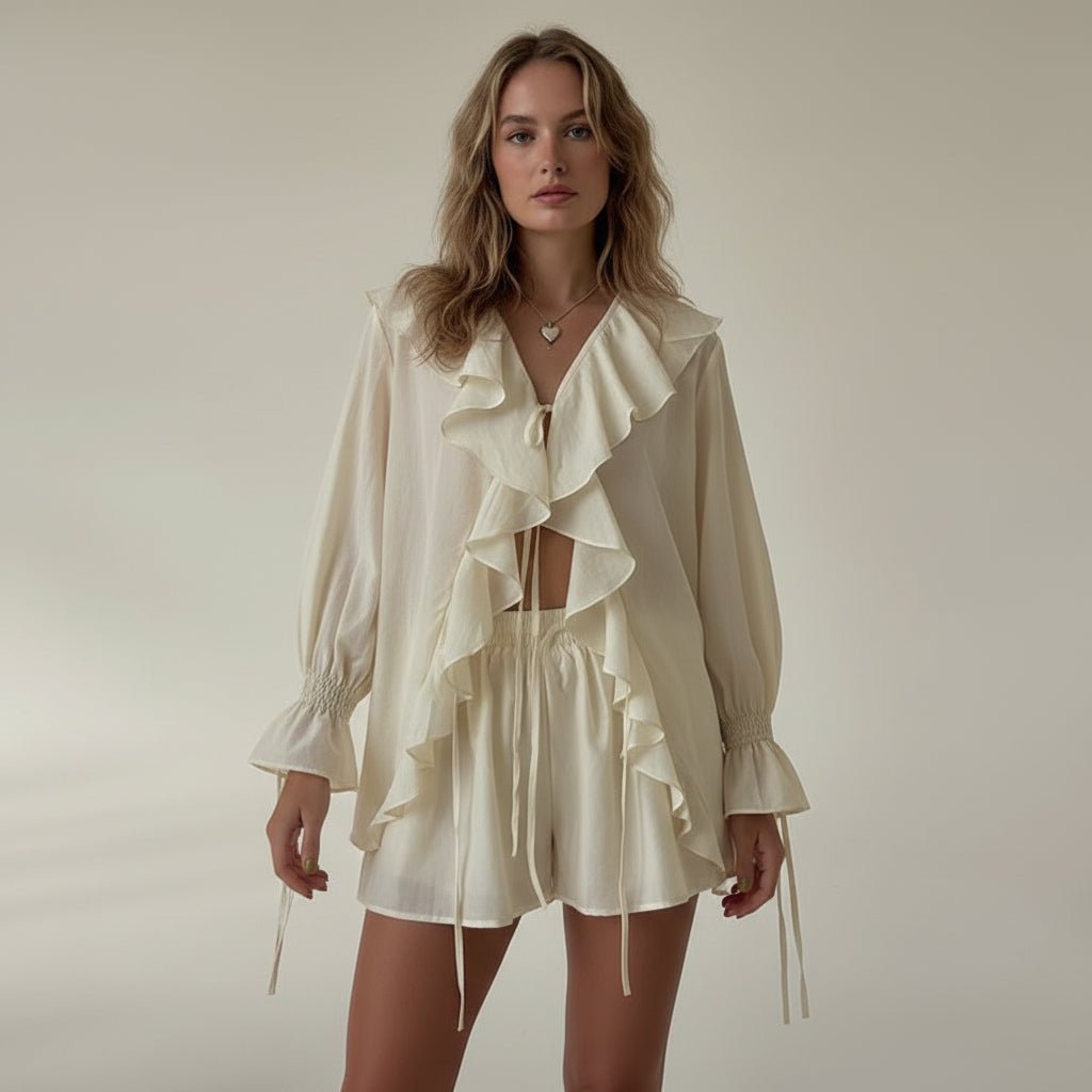 Ruffle Breeze V-Neck 2-Piece Short Set - GoSobiShop Boutique