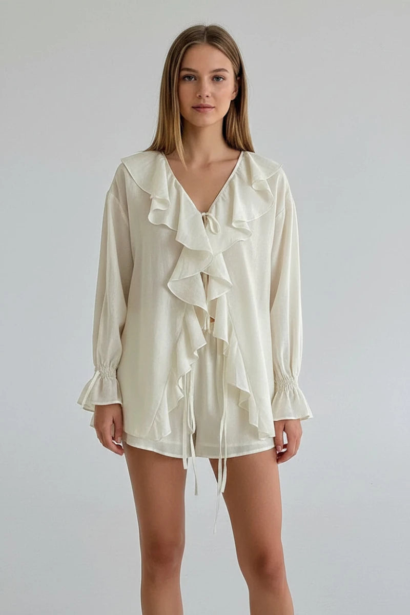Ruffle Breeze V-Neck 2-Piece Short Set - GoSobiShop Boutique