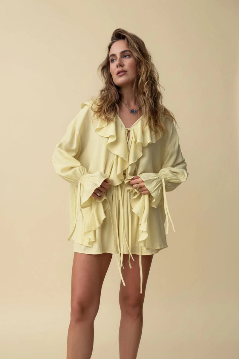 Ruffle Breeze V-Neck 2-Piece Short Set - GoSobiShop Boutique