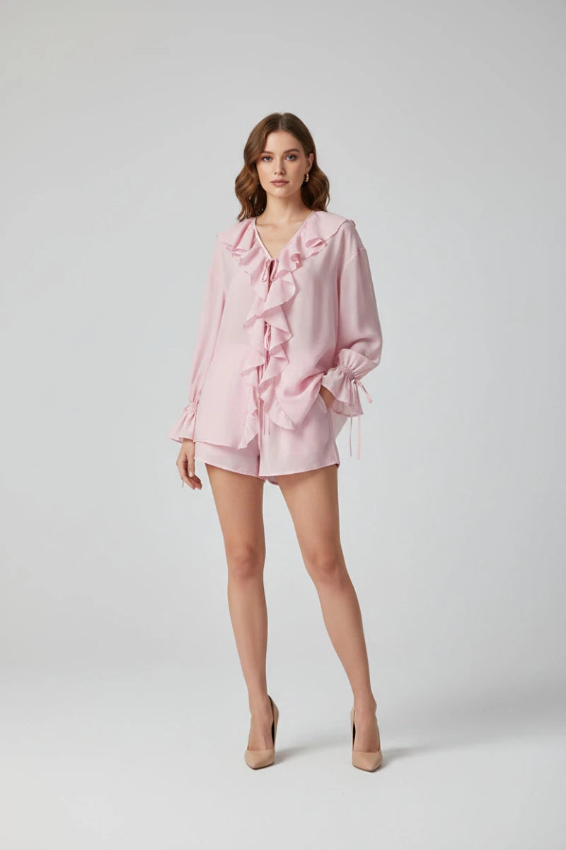 Ruffle Breeze V-Neck 2-Piece Short Set - GoSobiShop Boutique